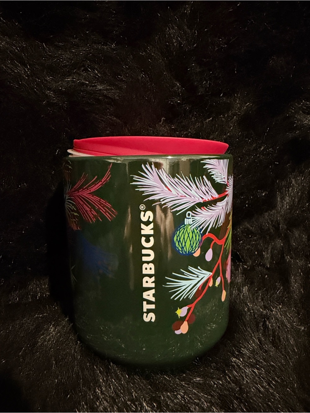 Starbucks Dark Green Holiday Pine Ceramic Mug with Red Lid
